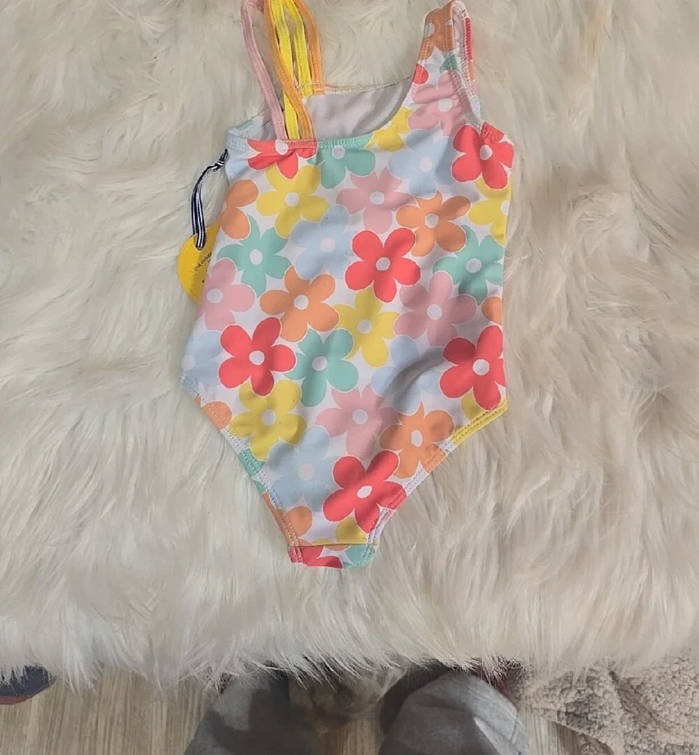 Kids One Piece Swim Suit Set w Neon Orange Crochet Cover-Up